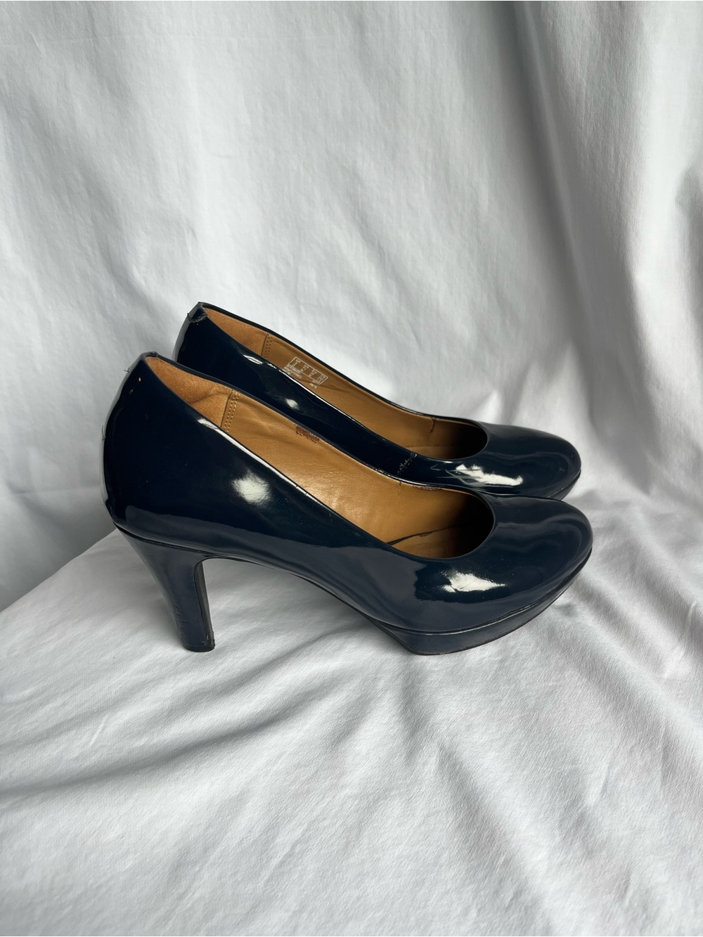 Clarks Navy Patent Platform Pumps - Women's Heels